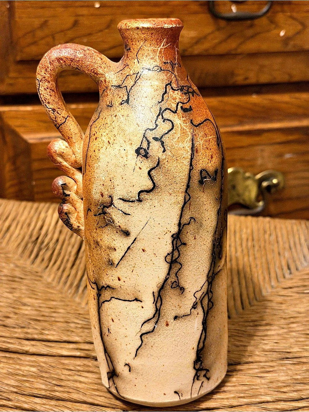 Handmade Raku Horsetail Vase Brown & Cream Abstract Decor